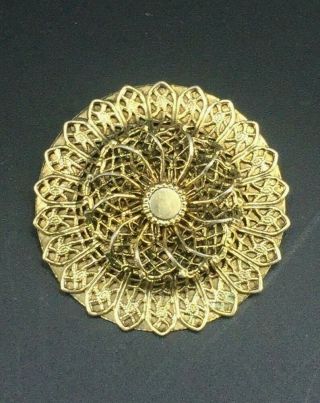Vintage Gold Tone Filigree Tiered Round Brooch Swirled Design 1 3/4 "