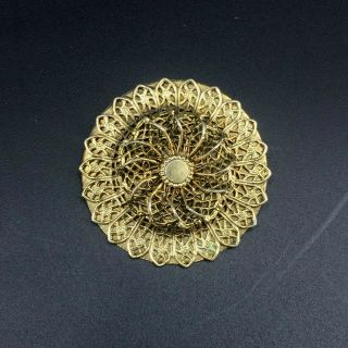 Vintage Gold Tone Filigree Tiered Round Brooch Swirled Design 1 3/4 