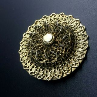 Vintage Gold Tone Filigree Tiered Round Brooch Swirled Design 1 3/4 