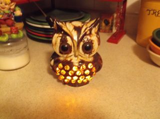 Vintage Ceramic Owl Light - Night Lite Brown And Cream In Color - Center Lights Up