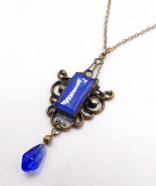 Vintage Art Deco Brass Chain & Blue Glass Pendant Necklace