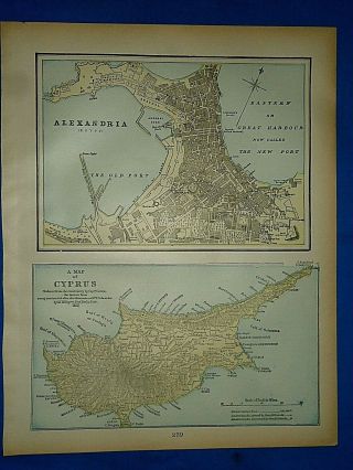 Vintage 1894 Map Alexandria,  Egypt - Cyprus Old Antique Atlas Map