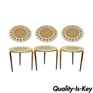 3 Mid Century Modern Round Tile Walnut Brass Nesting Snack Stack End Side Tables