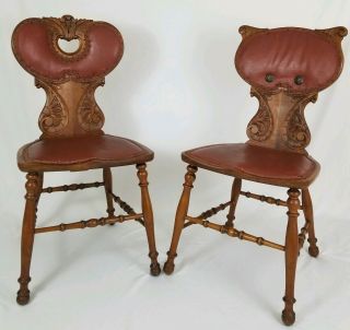 Antique R J Horner Chair Pair Carved Oak And Leather Accent Renaissance Revival