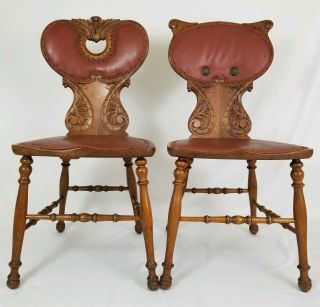 Antique R J Horner Chair Pair Carved Oak And Leather Accent Renaissance Revival 2
