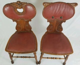 Antique R J Horner Chair Pair Carved Oak And Leather Accent Renaissance Revival 3