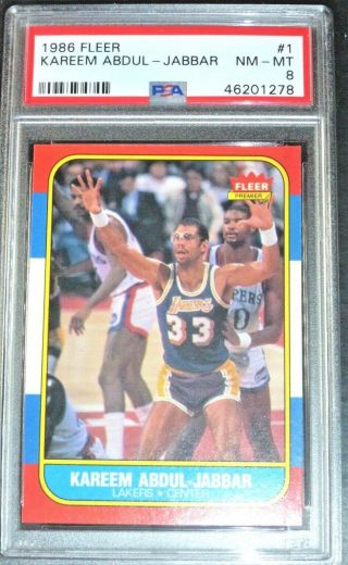 1986 Fleer Kareem Abdul - Jabbar Los Angeles Lakers 1 Psa 8 Nm - Mt