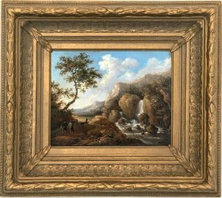 Figures By A Waterfall Antique Old Master Oil Painting 18th Century Dutch School