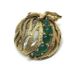 Pauline Rader Gold Pumpkin Brooch,  Green Stones,  Vintage