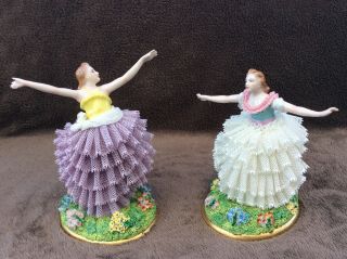 Volkstedt Dresden Sitzendorf Lady Dancing In The Fields Lace Figurines Porcelain