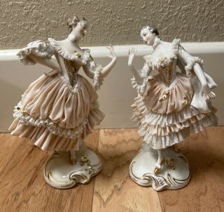 Vintage Dresden Lace Porcelain Dancing Ladies Statues Figurines 7” 7.  5”