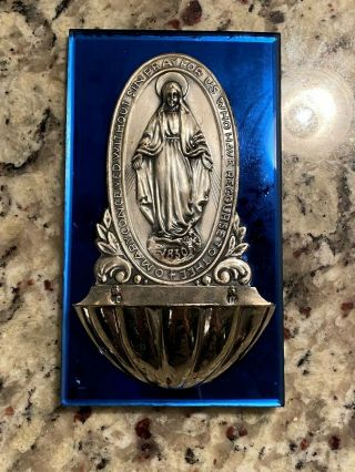 Vintage Mirrored Glass & Metal St.  Mary Wall Hanging Holy Water Font Catholic