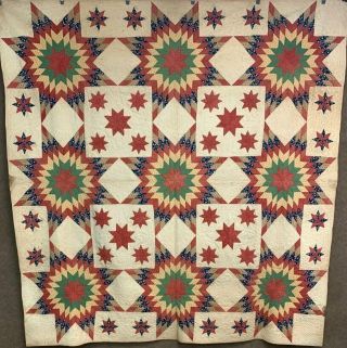 Americana C 1840 - 50s Stars & Small Scale Stars Quilt Antique Turkey Red