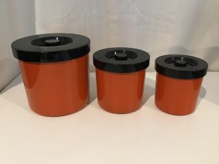 Vintage Set Of Three Orange And Black Plastic Storage Containers With Lids 454