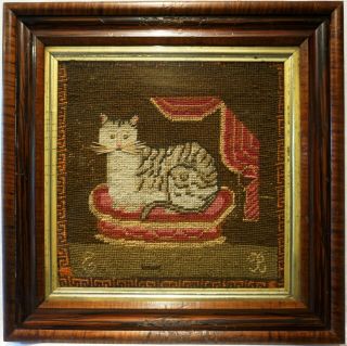 Small Mid 19th Century Needlepoint Of A Cat On A Cushion Initialled Eb - C.  1850