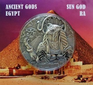 Cook Islands 2018 20$ Ra - Egypt Sun God 3 Oz Antique Silver Coin