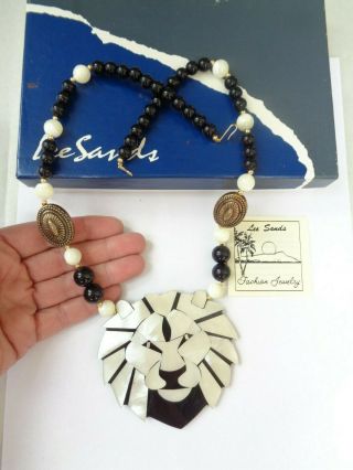 Vintage Lee Sands Lion Head Mother Of Pearl Mop Necklace,  Box Paper