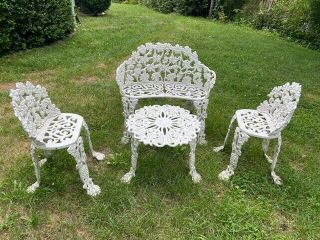 Antique Cast Iron Patio Set Bench Settee,  Chairs And Accent Table Grapevine