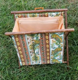 Vintage Sewing Basket Folding Knitting Bag Fabric Wood Yarn