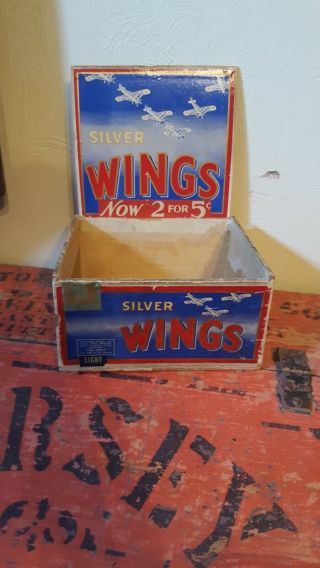 Rare ? Antique Vintage Silver Wings Cigar Wood Box 5 Cent Airplanes Plane Litho