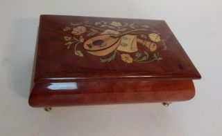 Vtg Reuge Wood Inlay Musical Box Isle Of Capri Sorrento Italy Footed Swiss Mov 