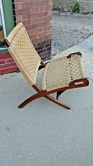 Hans J.  Wegner Vintage Mid Century Modern Woven Rope Folding Chair W/ Handles 3