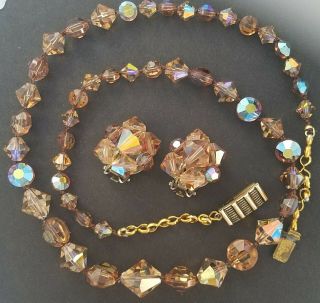 Vintage Ab Aurora Borealis Necklace And Earrings Topaz Colored Crystal Beads