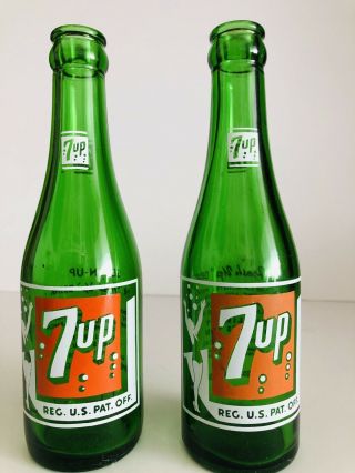 Vintage Set Of 2 Swim Suit Girl 7 Oz.  Green 7 - Up Soda Bottles