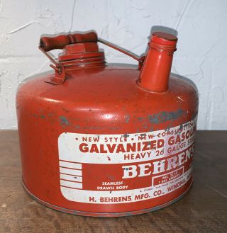 Vintage Behrens Galvanized 1 Gallon Gas Can W/wooden Handle.  Garage.  Yard.  Usa
