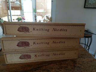 3 Vintage Wood Wooden Knitting Needle Box With Sliding Lid And 24 Pr Needles