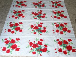 Vintage Wilendur Red Roses Tablecloth W Tag 12 Block Pattern 65 " X 54 "