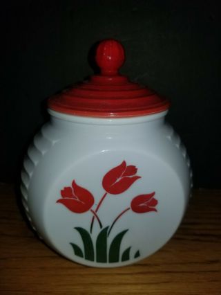Vintage Anchor Hocking Vitrock White Glass Grease Jar Red Tulips 6 - 1/2 " Canister