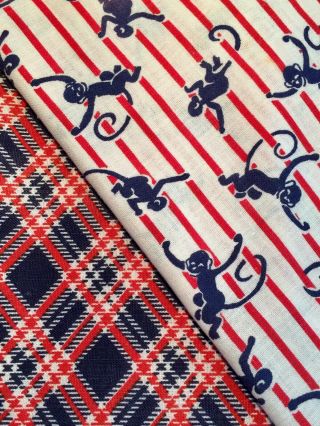 Vintage Feedsack Fabric 2 Partials: Red White Blue.  Monkeys On Zoo Bars. ,  Plaid