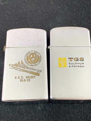 2 Slim Zippo Lighters - 1972 Uss Halsey Dlg - 23 Ship & 1964 Tgs Sulphur & Potash