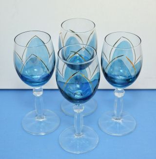 Vintage Set Of 4 Italian Wine Goblets Clear Iridescent Blue And Gold