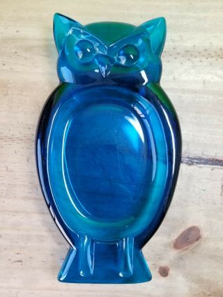 Vintage Viking Glass Blue Owl Ashtray Mid Century
