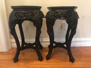 2ps Antique Oriental Chinese Carved Rose Wood Marble Top Side Table Plant Stand
