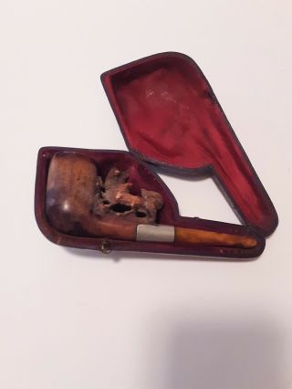 Antique Carved Meerschaum Pipe With Fitted Case,  Fox And Kit