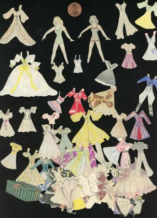 2 - 2 1/2 " Handmade Paper Dolls W 60,  Costumes 1940s