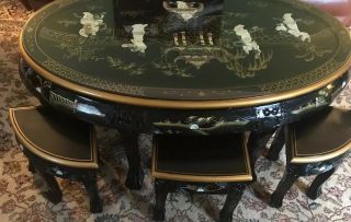 Chinese Hand Carved Mother Of Pearl Inlay Black Lacquer Coffee Table 6 Chairs