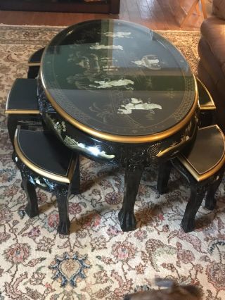 Chinese Hand Carved Mother of Pearl Inlay Black Lacquer Coffee Table 6 Chairs 2