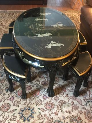 Chinese Hand Carved Mother of Pearl Inlay Black Lacquer Coffee Table 6 Chairs 3