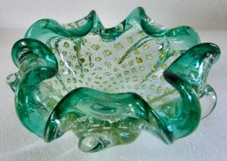 A Vintage Murano Sommerso Glass Bowl - Green With Gold & Silver Inclusions