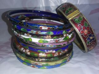 13 Vintage Oriental Multi Color Floral Enamel Cloisonne Bangle Bracelets