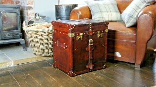 Antique English Leather Belted Campaign Style Chest Side Table Trunk