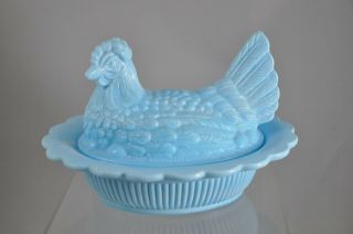 Vintage Medium Mosser Usa Blue Milk Glass Hen On Nest Chicken Dish