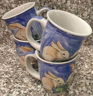 4 Vintage 2003 Bunny Rabbit Coffee Mugs Stone Bunny Telle M Stein Usa Stoneware