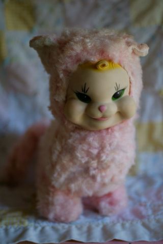 Large Vintage Rushton Rubber Face Pink Cat Kitten Plush 12 " Tall Stuffed Animal