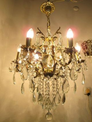 Antique Vnt French 5 Arms Brass & Crystal Chandelier Lamp 1960 