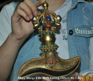 Tibetan Buddhism Bronze 24k Gilt Inlay Gem Vajra Phurpa Dagger Equipment Axe